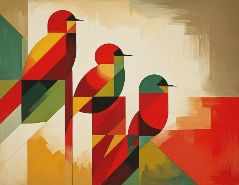 Geometric abstract painting of three colorful birds formed from bold color blocks and shapes.