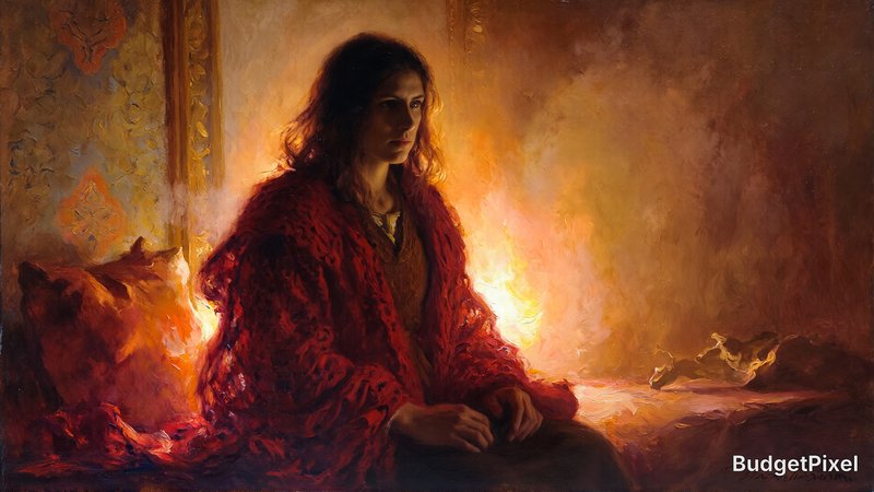A figure in a red cloak, dramatic lighting, warm golden tones, and subtle texture, reminiscent of James Gurney's oil painting style, blending realism with a touch of Impressionism, with loose brushstrokes and vivid color palette, inspired by the Old Masters, with a sense of depth and atmosphere, evoking the works of Rembrandt and Sargent.
