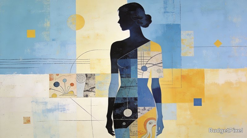 Silhouette of a woman embedded in geometric, abstract collage with blue and yellow blocks.
