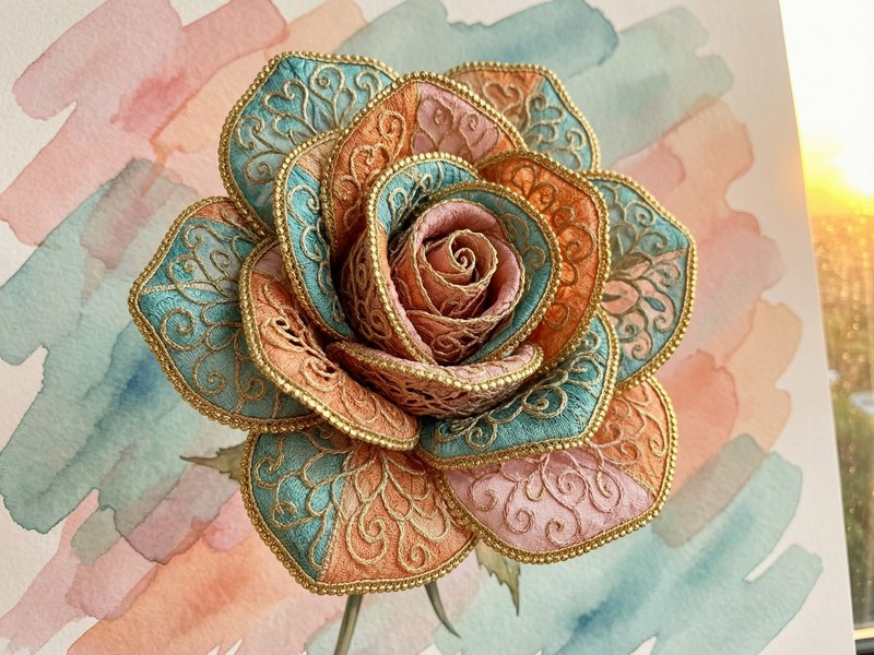 Colorful fabric rose with gold-embroidered edges and swirling patterns on pastel watercolor background.