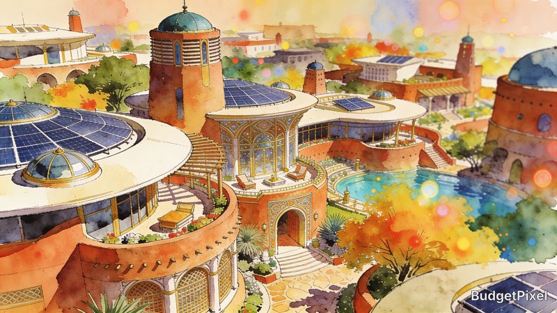 A colorful watercolor illustration of a futuristic hillside city with domed, solar-powered buildings and terraced gardens.