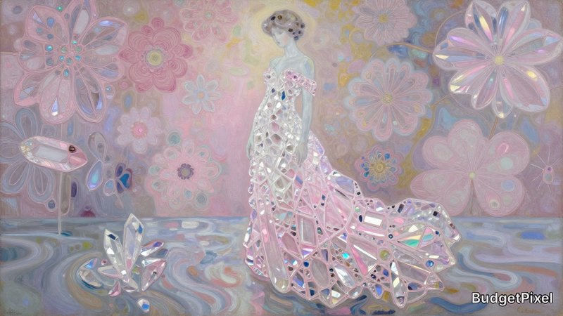 Pastel-hued painting of a woman in a lattice-cut pink gown standing among oversized floral shapes.