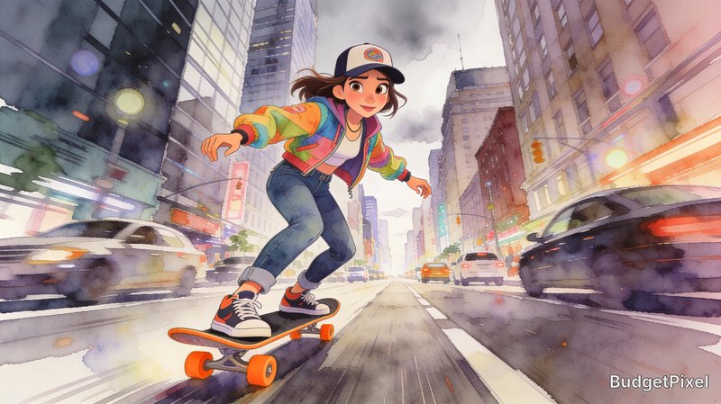 Illustrated girl skateboarding down a bustling city street in watercolor, colorful urban scene.