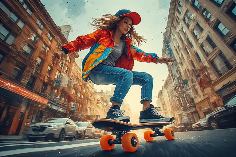 Young woman skateboarding down a city street on a longboard, wearing a colorful jacket and cap.