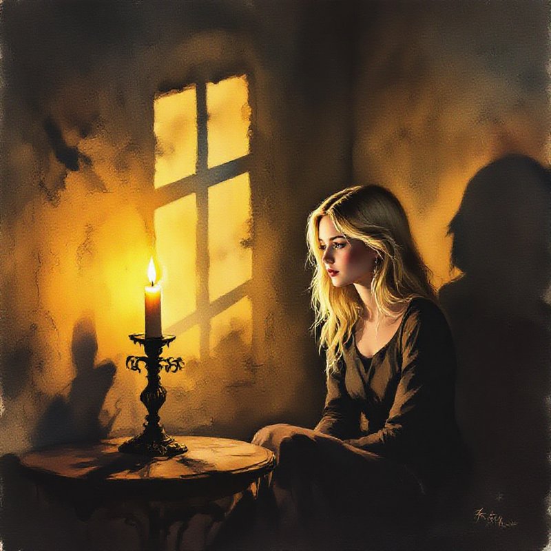 Young woman seated at a round table beside a burning candle, warm amber light casting shadows.