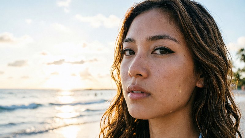 Close-up portrait of a young woman at the beach during sunset with waves in the background