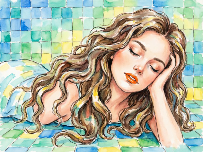 Watercolor illustration of a woman with long wavy hair resting with eyes closed on a colorful tiled surface.