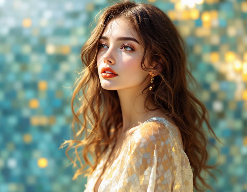 Portrait of a young woman with wavy hair against a colorful mosaic background.