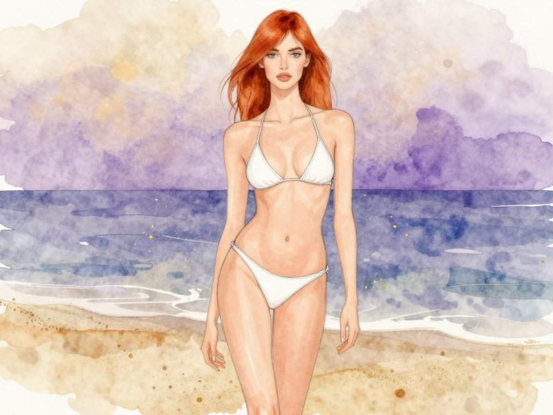 Watercolor illustration of a woman in a white bikini standing on a sandy beach with ocean waves and pastel sky.