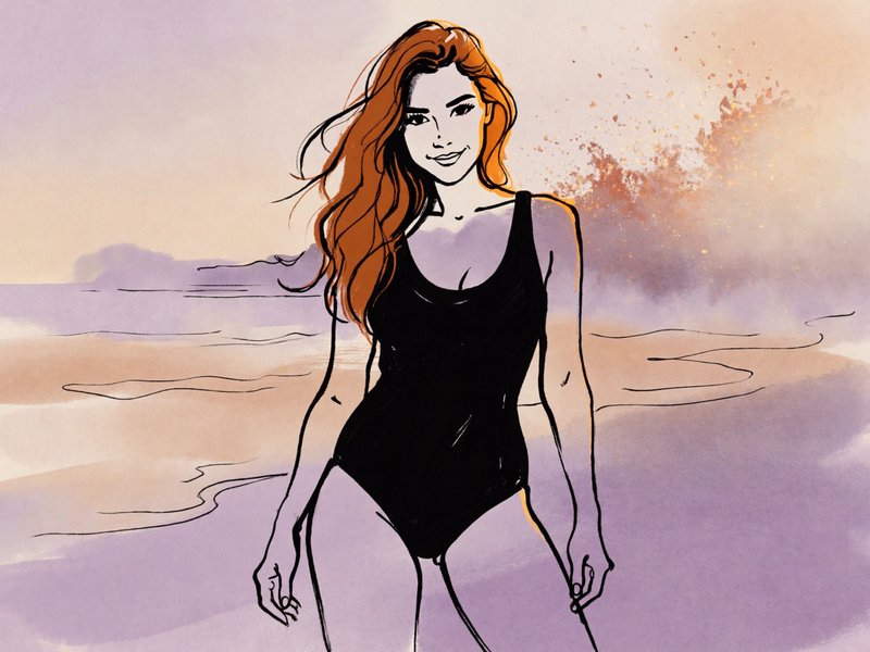 Illustrated woman in a black one-piece swimsuit on a pastel watercolor beach backdrop.