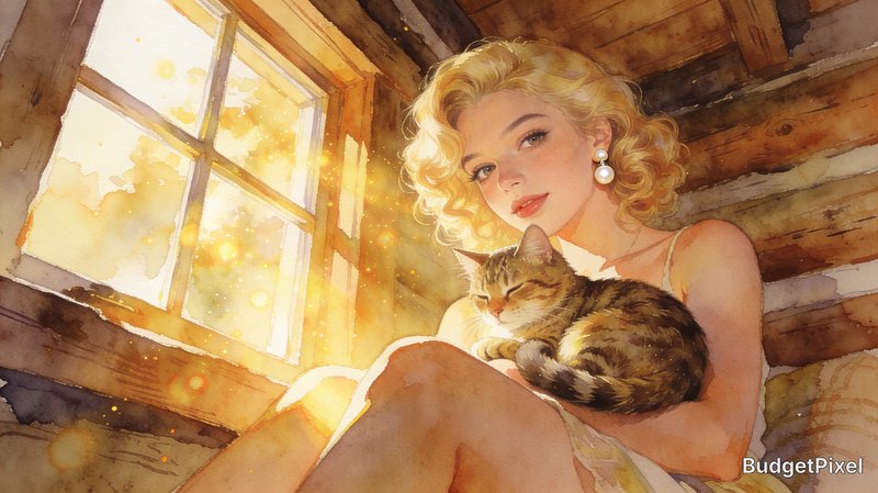 Illustrated blonde woman in a sunlit rustic cabin holding a cat.