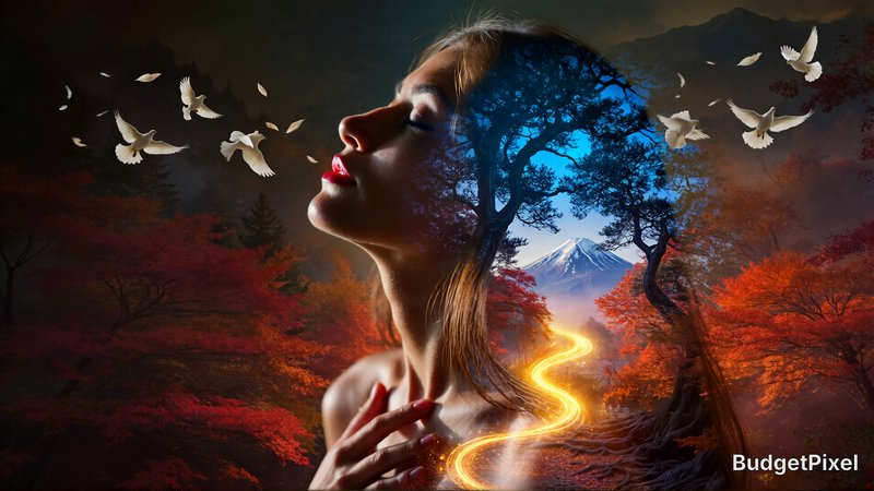 A delicate double-exposure silhouette portrait of a woman with blue hair and a tree in her head, stunning double-exposure digital art, blends with a golden path curving past the tree, (reminiscent of Japanese art) into the distant snow caped mountains. Her head is turned up as if she is pleading with heaven. Her eyes are closed. Her ruby lips are slightly parted. Shades of autumn splendor. The background is dark and moody. Peaceful doves fly about her head, She has a long neck.