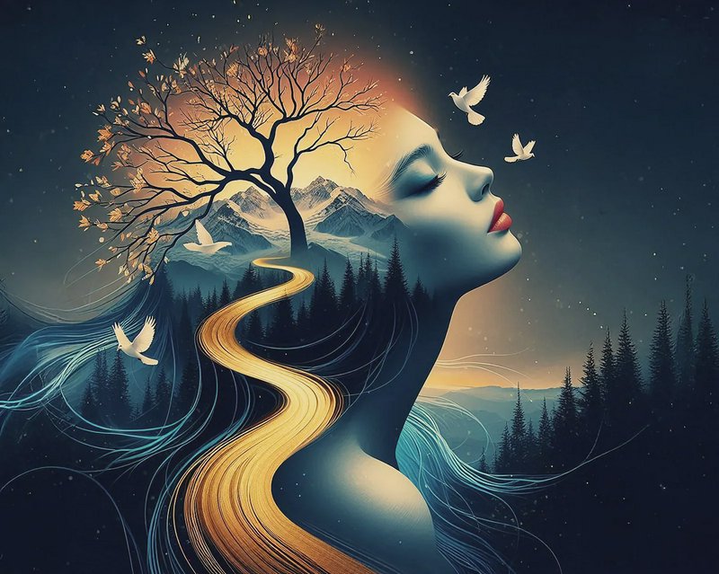 Surreal profile of a woman blending with a winding road, trees, mountains, and birds.
