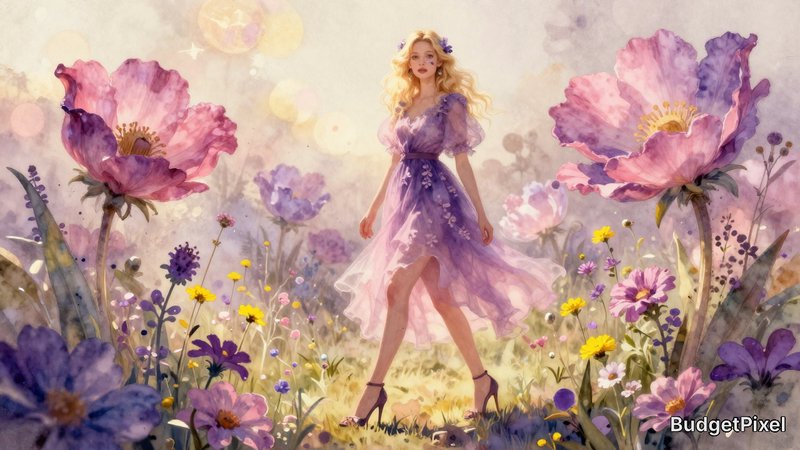 full view, whimsical flowerpunk blonde beauty, walking, stiletto heels, looking at the viewer, exotic wildflower garden, ethereal mistyc watercolor wash, bokeh, fashion sketch, shades of pink and violate with a splash of yellow, golden hour, d&d, fantasy, highly detailed, digital painting, artstation, sharp focus, fantasy art, illustration, 8k, in the style of greg rutkowski. It's an absolute world-class masterpiece artwork. It's an aesthetically pleasing artwork with impeccable attention to detail and impressive composition.