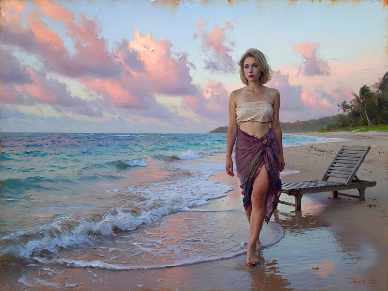 Woman walking along tropical beach at sunset in a beige bandeau top and purple wrap skirt.