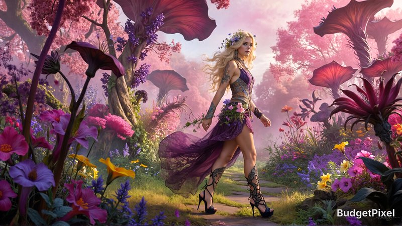full view, whimsical flowerpunk blonde beauty, walking, stiletto heels, looking at the viewer, exotic wildflower garden, ethereal mistyc watercolor wash, bokeh, fashion sketch, shades of pink and violate with a splash of yellow, golden hour, d&d, fantasy, highly detailed, digital painting, artstation, sharp focus, fantasy art, illustration, 8k, in the style of greg rutkowski. It's an absolute world-class masterpiece artwork. It's an aesthetically pleasing artwork with impeccable attention to detail and impressive composition.