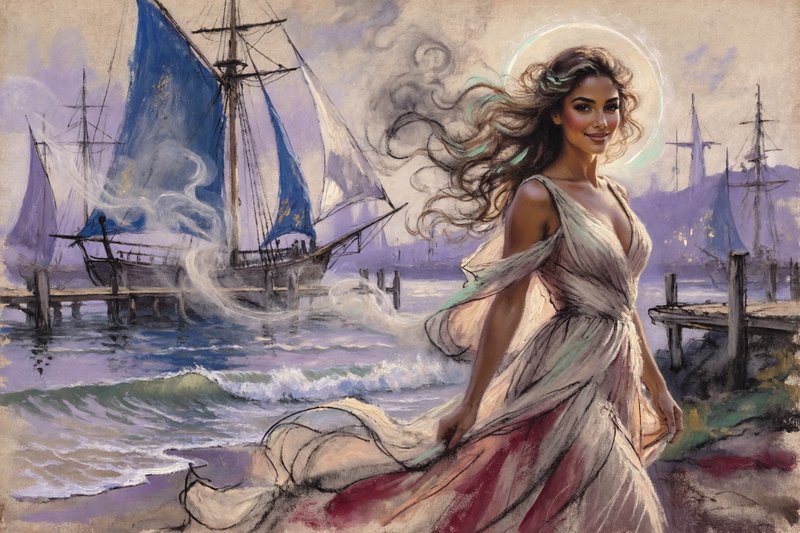 cream, cobalt blue, purple, plum, soft red, gold mint green, white.  Muted Beauty Textured Tones Muted Colors Beautiful Woman Earthy Glow Ships in harbor in the background Ink Charcoal ink lined oil on gritty canvas full screen image hyper realistic intricate detailed perfect proportions and, composition Ethereal Enchanted Smokey Glowing Dreamy impasto thick rough grungy messy, gouache three-dimensional effect