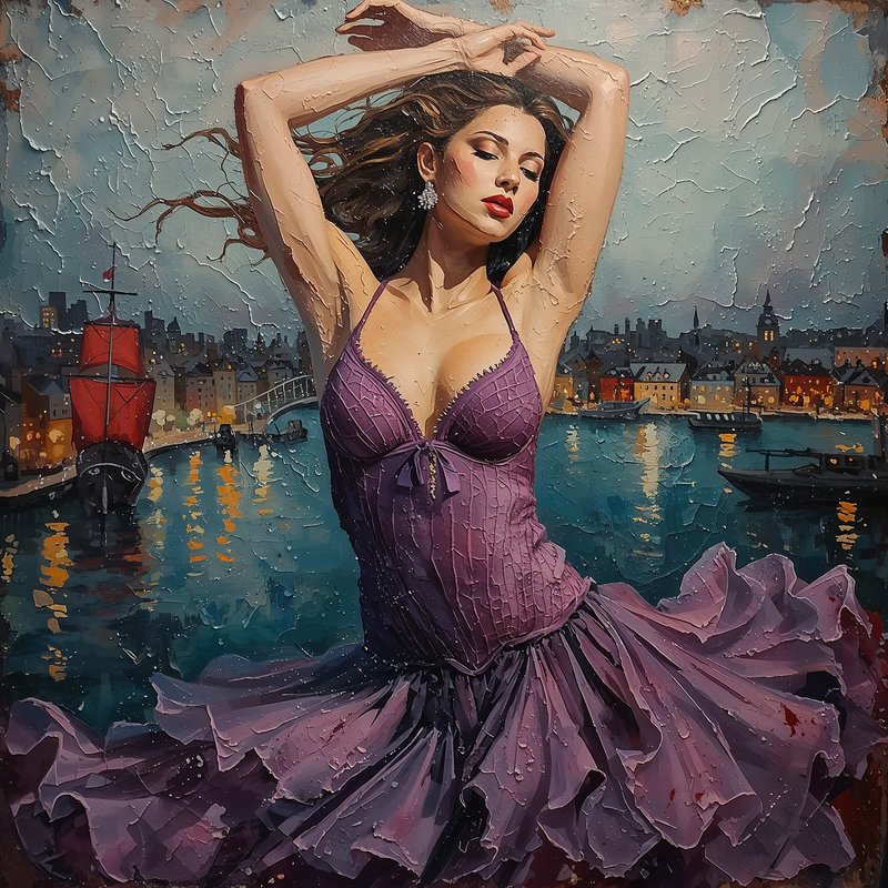 Stylized painting of a woman in a purple dress posing by a harbor at night.