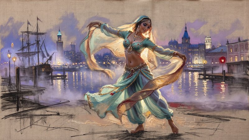 breathtaking alla prima oil painting, impasto, cream, cobalt blue, purple, plum, soft red, gold mint green, white.  Muted Beauty Textured Tones Muted Colors Beautiful exotic dancer, full view, Earthy Glow Ships in harbor, city lights, sky-line, in the background Ink Charcoal ink lined oil on gritty canvas full screen image hyper realistic intricate detailed perfect proportions and, composition Ethereal Enchanted Smokey Glowing Dreamy impasto thick rough grungy messy, gouache three-dimensional effect, close up, alla prima style, oil on linen, painterly oil on canvas, painterly style, exquisite composition and lighting, modern painterly masterpiece, in the style of alexi zaitsev, award-winning painterly alla prima oil painting.

Overall, it's an absolute world-class masterpiece oil painting. It's an aesthetically pleasing oil painting with impeccable attention to detail and impressive composition.