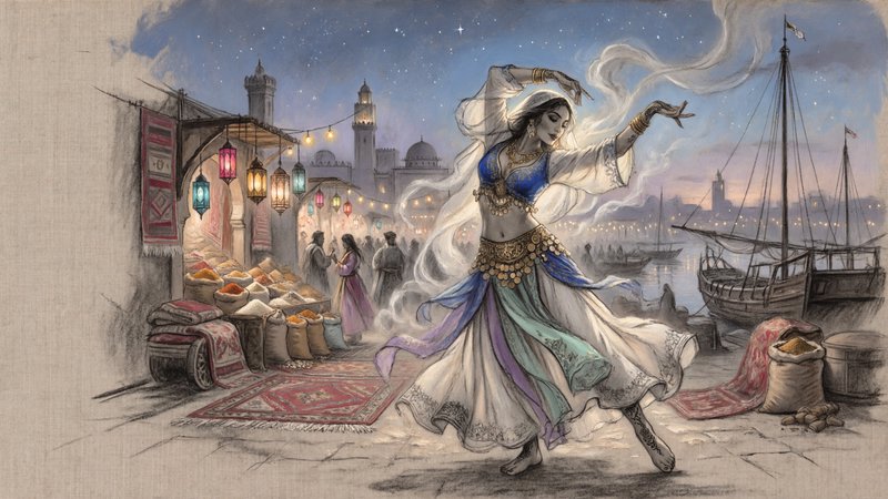 breathtaking alla prima oil painting, impasto, cream, cobalt blue, purple, plum, soft red, gold mint green, white.  Muted Beauty Textured Tones Muted Colors Beautiful exotic dancer, full view, Earthy Glow Ships in harbor, city lights, sky-line, Moroccan bazar in the background Ink Charcoal ink lined oil on gritty canvas full screen image hyper realistic intricate detailed perfect proportions and, composition Ethereal Enchanted Smokey Glowing Dreamy impasto thick rough grungy messy, gouache three-dimensional effect, close up, alla prima style, oil on linen, painterly oil on canvas, painterly style, exquisite composition and lighting, modern painterly masterpiece, in the style of alexi zaitsev, award-winning painterly alla prima oil painting.

Overall, it's an absolute world-class masterpiece oil painting. It's an aesthetically pleasing oil painting with impeccable attention to detail and impressive composition.