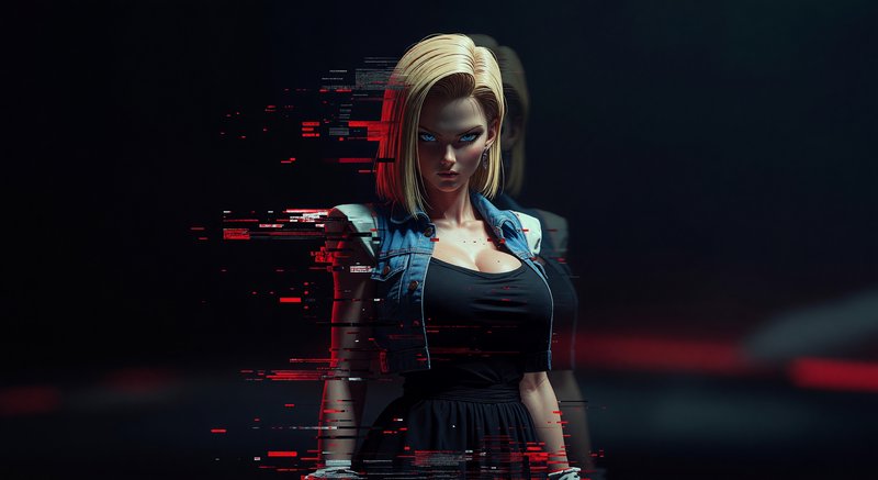 Digital art portrait of a blonde woman in a denim vest with glitch red streaks