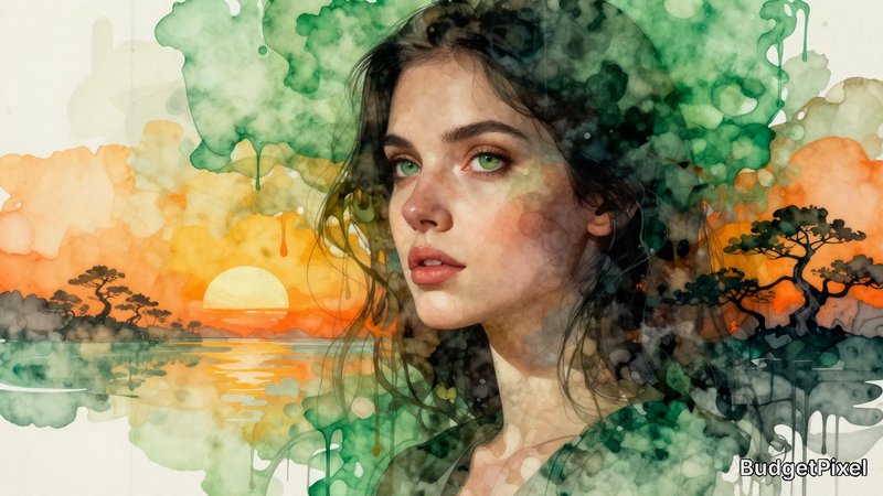 Watercolor-style portrait of a young woman with a sunset and trees blended in green and orange hues.