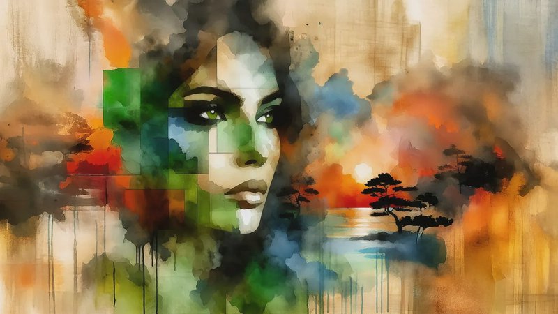 Abstract watercolor portrait of a woman's face formed by colorful blocks amid a misty landscape with trees.