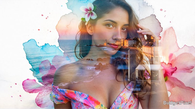 double exposure style watercolor wash of a woman with a flower in her hair, blended with a surreal sea side cityscape, she is wearing a colorful off shoulder low scoop neckline dress, decolletage. her hair is styled in loose waves,  she is looking at the viewer with a sensual expression. the overall mood of the image is dreamy and romantic, creative photo manipulation, dreampunk romanticism artwork, photomanipulation, edgy