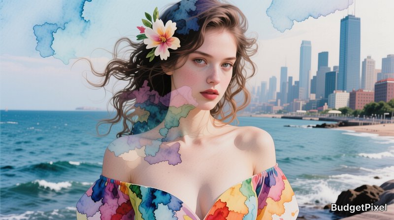 Portrait of a woman on a beach with watercolor overlays and city skyline in the background