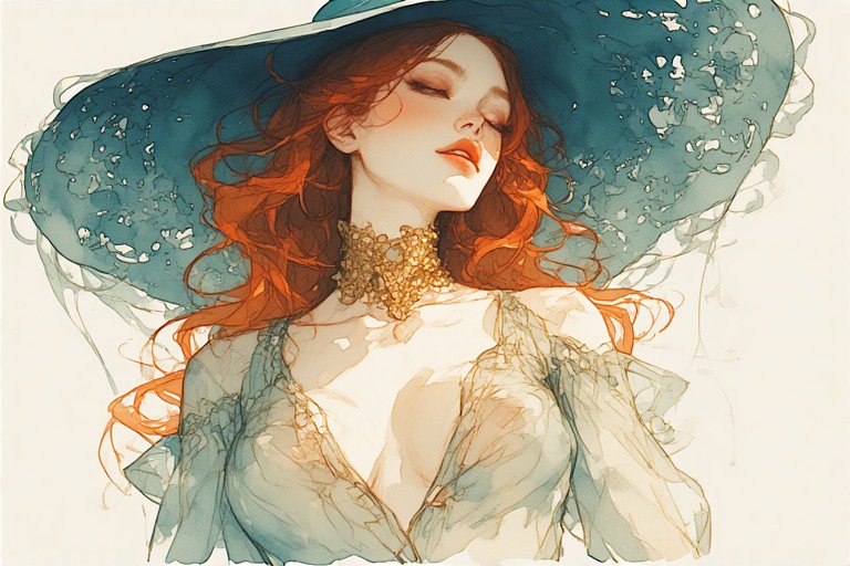 Stylized illustration of a woman with a large blue hat, flowing red hair, and a lace high-collar blouse.