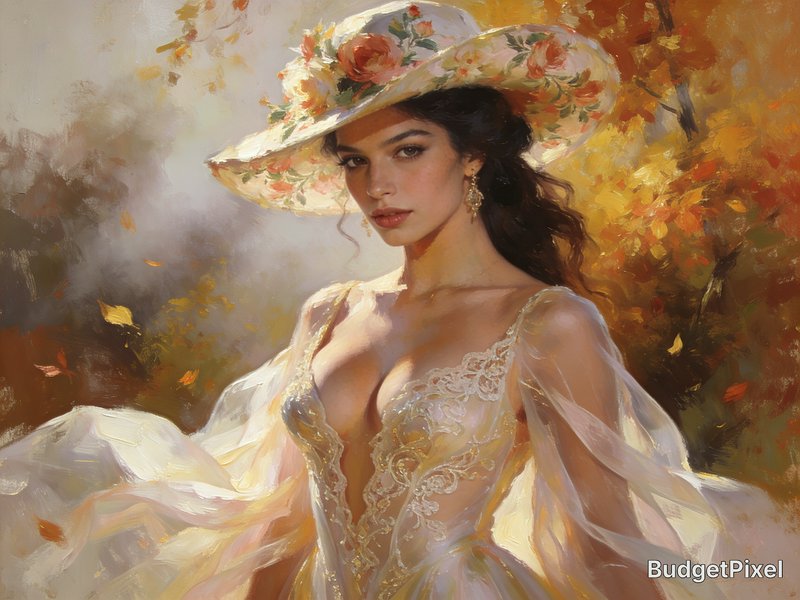 Portrait of a woman in a floral hat and sheer lace dress in an autumn garden scene