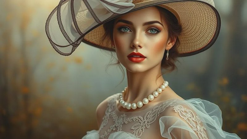 Elegant woman wearing a wide-brim hat, pearl necklace, and lace dress in a soft outdoor setting.