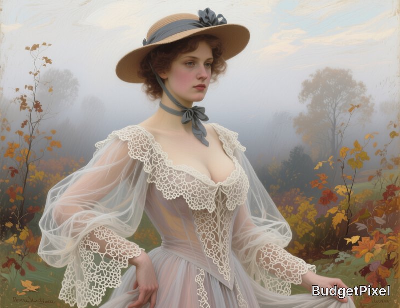 Vintage-inspired woman in lace-trimmed dress and wide-brim hat in an autumn landscape.