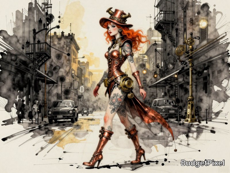 Steampunk female adventurer in copper armor and a tall hat walks through a grayscale urban street.