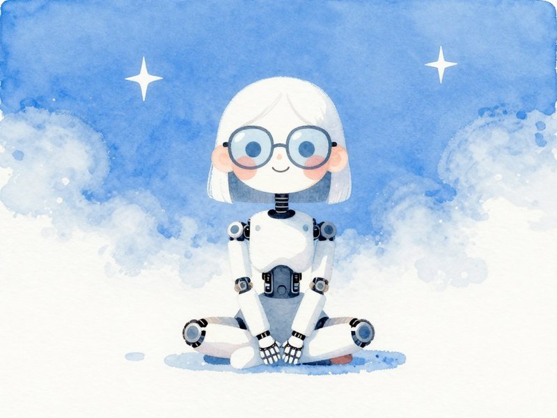 A friendly white robot with round glasses sits cross-legged in a snowy blue landscape.