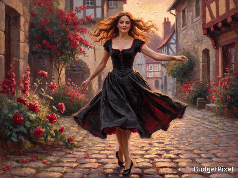 thick gouache impasto painting, textured, heavy brush strokes, pretty elegant sensual woman, flowing auburn hair, wearing black decollete corset dress with red trim, decolletage, full knee length skirt, lilting walk, dance like, looking at the viewer, on medieval street, red flowers, soft golden hour light dances across her bosom. bokeh, warm triadic color, dreamy, Oil painting in the style of Jean-François Millet and Gustave Courbet and Jules Breton