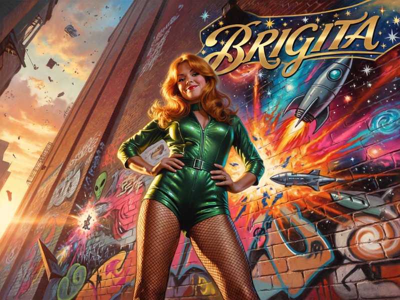1970s vintage pulp art, low angle mid-shot, cute whimsical svelte sexy ginger muse, Brigita, poses wearing thigh high fish-net sox, against a 3d grafiti wall, perspective, converging lines, provocative, explicit, inkpunk watercolor, golden hour sunlight dances across her bosom, vintage pulp art, in the style of Earle K. Bergey, in the style of Kelly Freas, in the style of Alex Schomburg, in the style of H. J. Ward, glossy pulp art, Amazing Stories, Weird Tales, 8k, high resolution, best quality