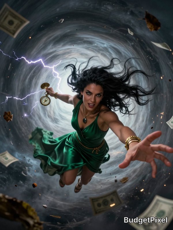 Worm's-eye close-up, dramatic photorealistic scene of a fierce woman falling or being sucked toward a swirling tornado vortex: exaggerated perspective, dark olive skin, long wild black hair whipped upward, emerald-green satin flowing dress clinging and billowing, gold anklet and sandals, pendant necklace, holding an antique brass pocket-compass watch in one hand while reaching toward the camera with the other. Lightning forks inside the vortex, flying debris, leaves, wood splinters and money shards surround her; intense back and rim lighting with cool blue-gray storm tones and warm gold highlights, high contrast, shallow depth of field, dynamic motion blur, cinematic wide-angle lens, heroic, dramatic composition., d&d, fantasy, highly detailed, digital painting, artstation, sharp focus, fantasy art, illustration, 8k, in the style of greg rutkowski. It's an absolute world-class masterpiece artwork. It's an aesthetically pleasing artwork with impeccable attention to detail and impressive composition.
