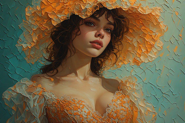 Portrait of a woman wearing a textured orange petal hat against a teal cracked-wall backdrop.