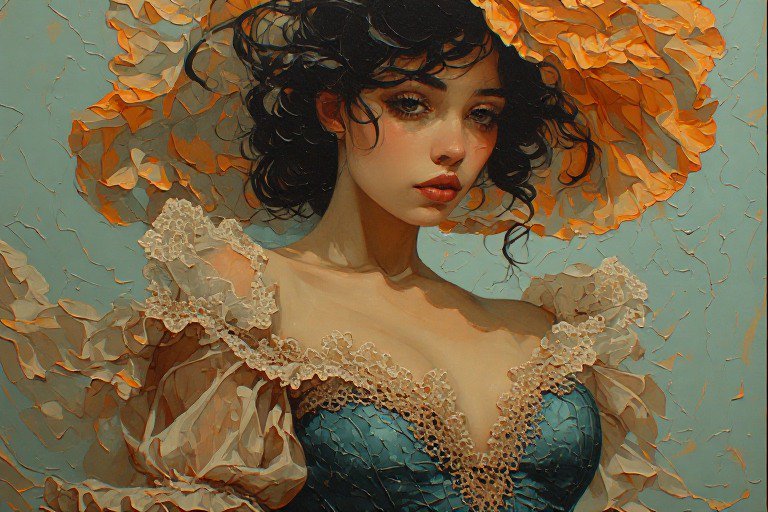 Stylized portrait of a woman in a teal lace corset and oversized orange hat with a textured backdrop.
