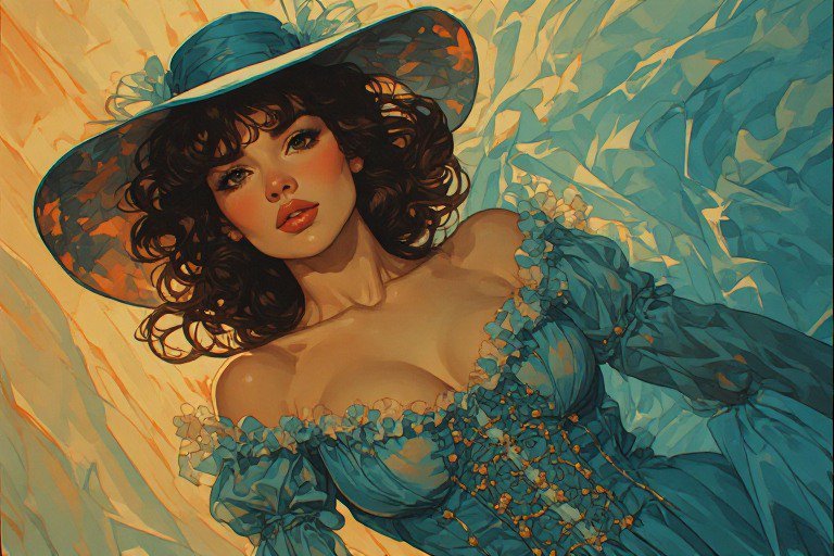 Stylized portrait of a woman in a blue off-shoulder dress and wide-brim hat.