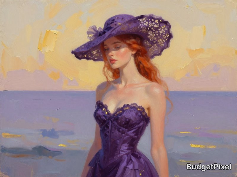 Gouache impasto texture in broad minimal brush strokes, Fantasy portrait of a serene auburn woman by the sea in an elegant slinky decollete gown, haute couture filigree lace silk hat, soft golden hour light, and painterly detail. shades ebony and violet with a dash of gold, ethereal, exotic