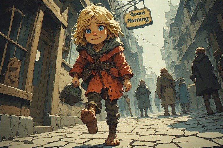 Illustrated child in an orange coat walking down a cobblestone street with a backpack.