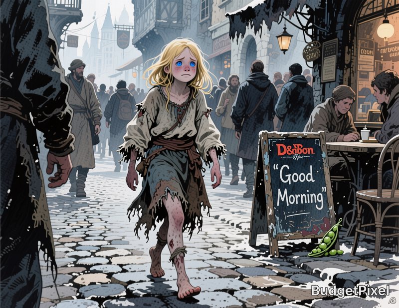 Ragged girl walking barefoot on a cobblestone street in a busy, medieval-fantasy market.