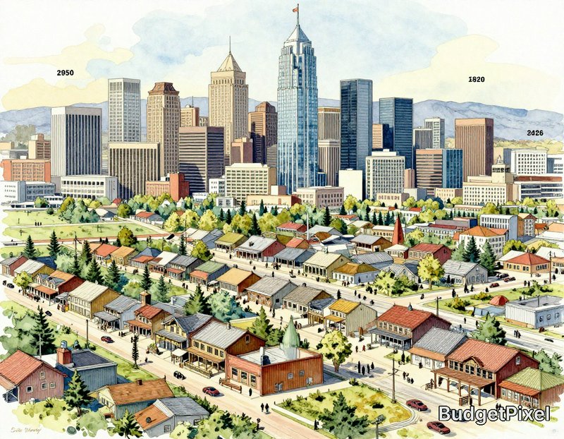 Illustrated city skyline with tall skyscrapers behind a vibrant suburban neighborhood.