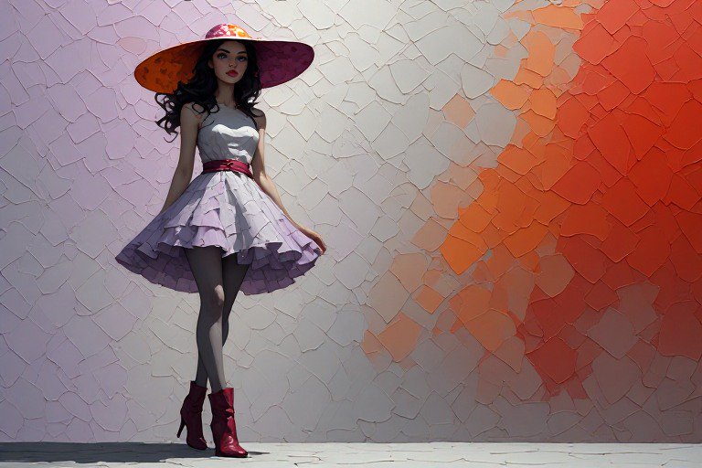 Woman in a pastel purple ruffled dress and wide-brim hat stands against a pastel-to-orange mosaic wall.