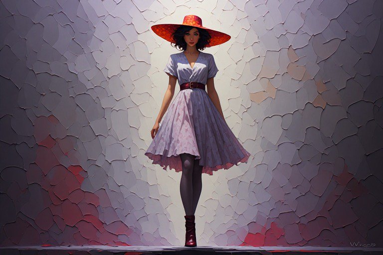 Stylish woman in a lavender dress and red hat standing against a textured mosaic wall.