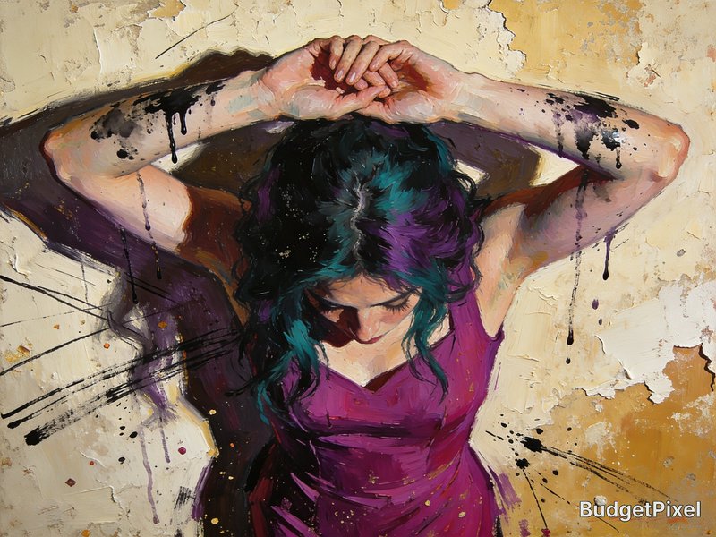 Woman with teal hair in a purple dress, arms raised, paint splatters on her arms and a textured, abstract background.
