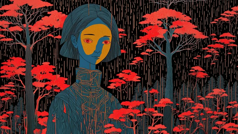Blue-skinned illustration of a figure with a yellow face highlight among red trees in a rainy dark forest.