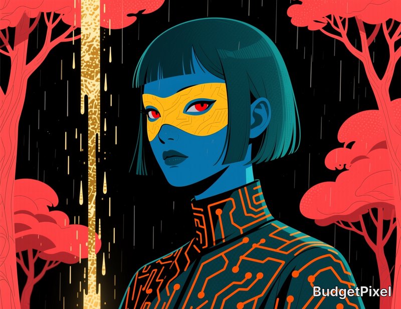 Blue-skinned woman with a yellow mask, wearing a neon circuit-pattern outfit amid red trees and rain.